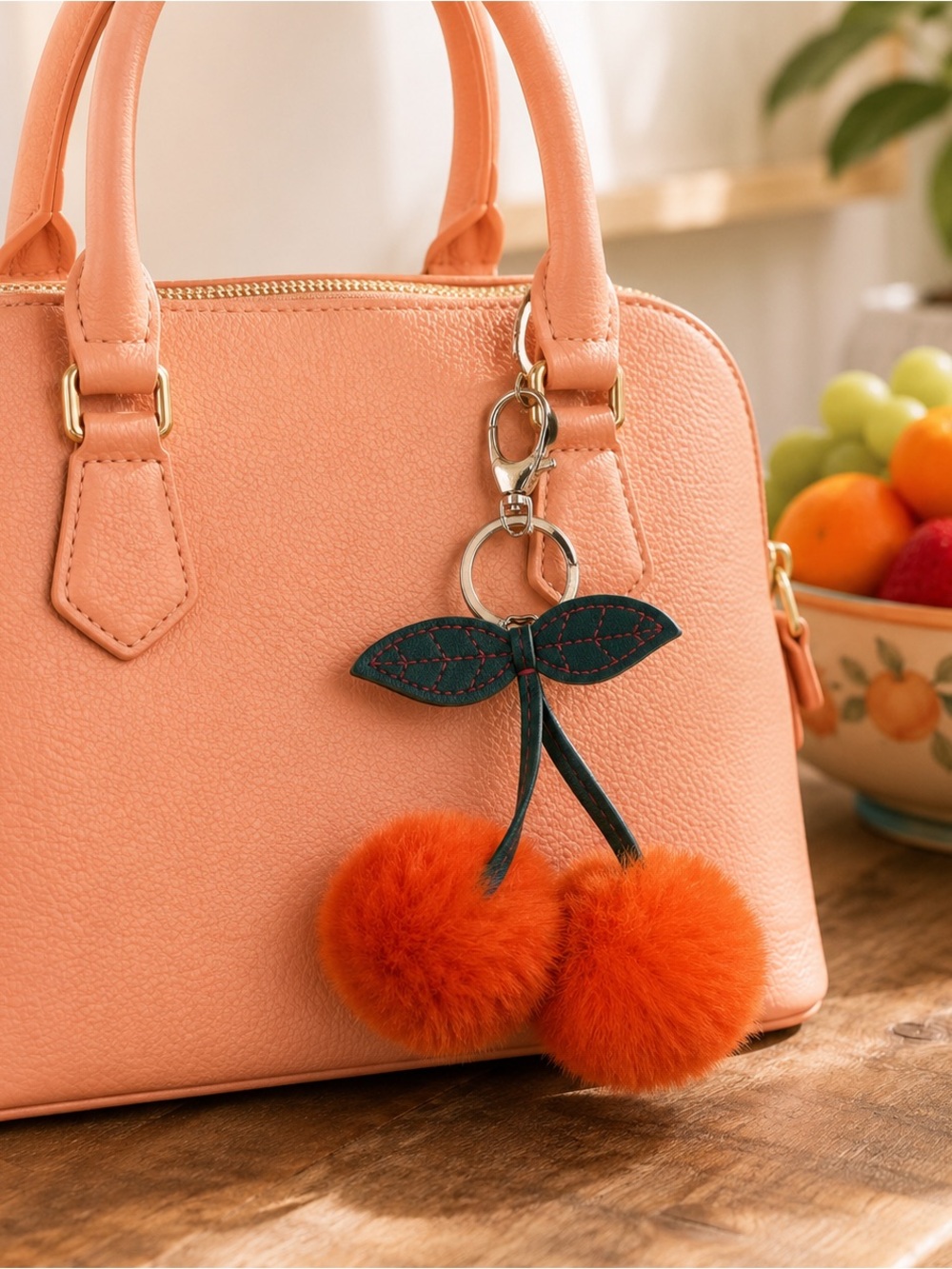 Orange Cherry Faux Fur Pom Pom Bag Charm Keychain | Plush Cherry Purse Accessory